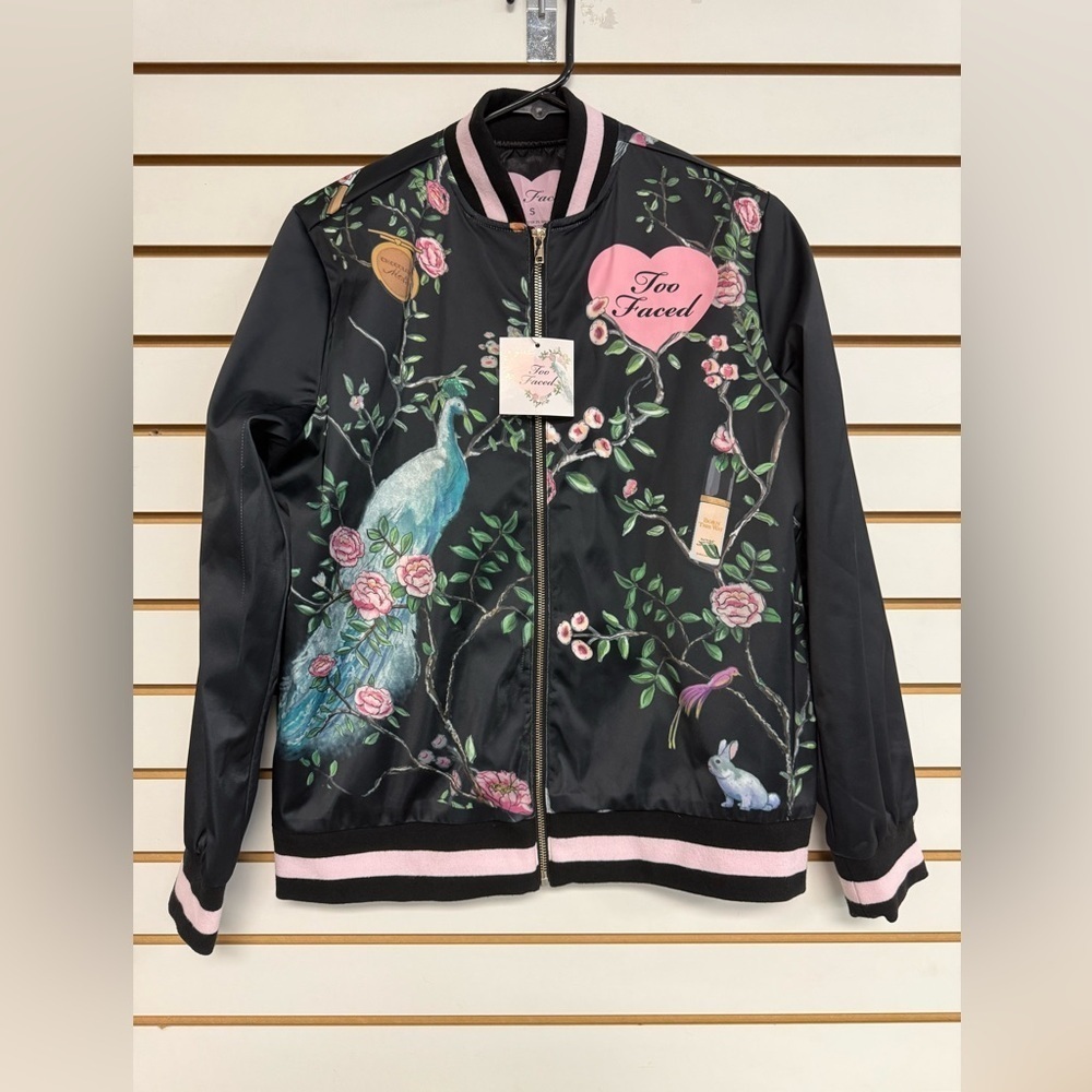 Too Faced Black Satin Bomber Jacket Size S Full Zip Lined  Floral‎ (Flaw Read)